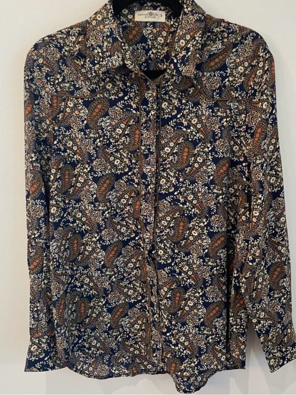NATURAL LIFE Navy Paisley Floral Blouse with Orange and Cream Accents